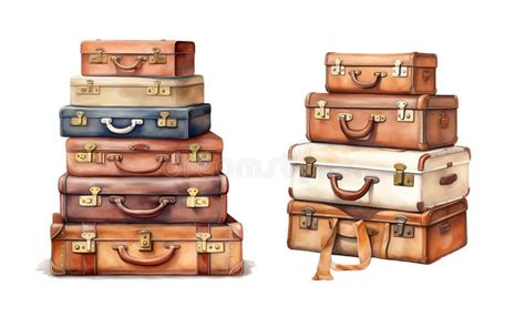 Stack Of Vintage Suitcases Watercolor Clipart Illustration With