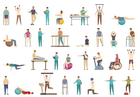 Physiotherapy Icons Set Cartoon Vector Treatment Exercise