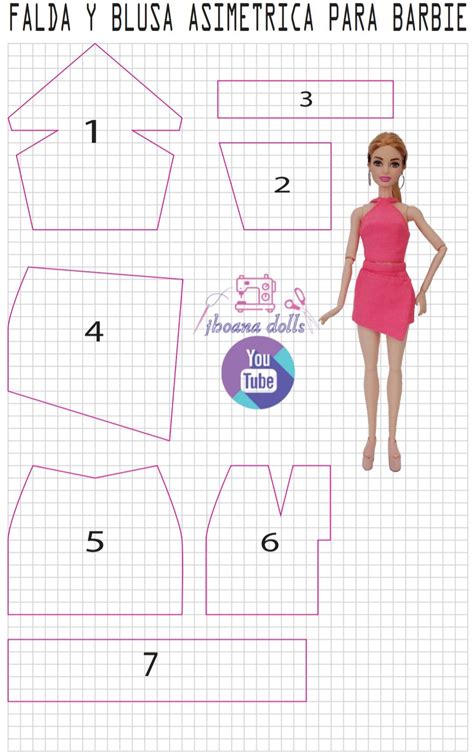 Falda y blusa para Barbie Moldes para vestuário de bonecas Padrões