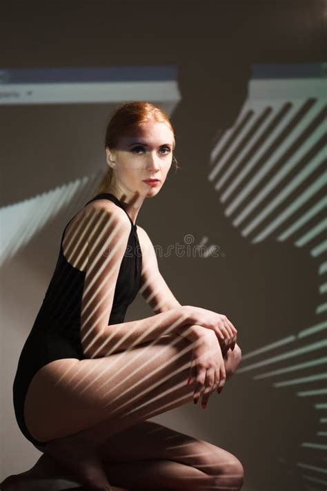 Fashion Art Studio Portrait Of Elegant Naked Lady With Shadow On Her
