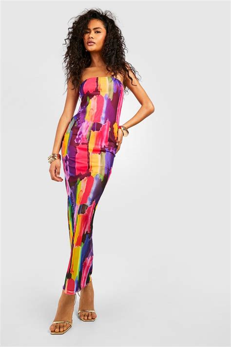 Abstract Printed Mesh Bandeau Maxi Dress Boohoo Uk