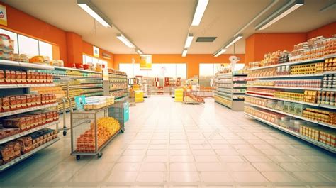 The Aisles Of An Orange Grocery Store Filled With Groceries Background