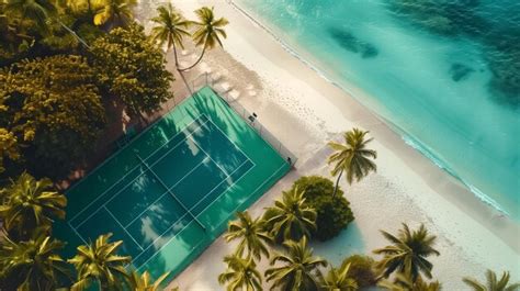 Top Down View Of A Tennis Court On A Tropical Beach Premium Ai