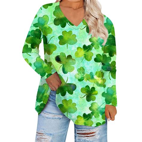 Knosfe Happy St Patricks Day Shirt Green Long Sleeve Clover Irish Women