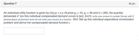 Solved An Individual Utility Function Is Given By Chegg