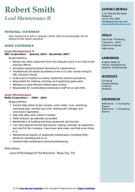 Lead Maintenance Resume Samples Qwikresume