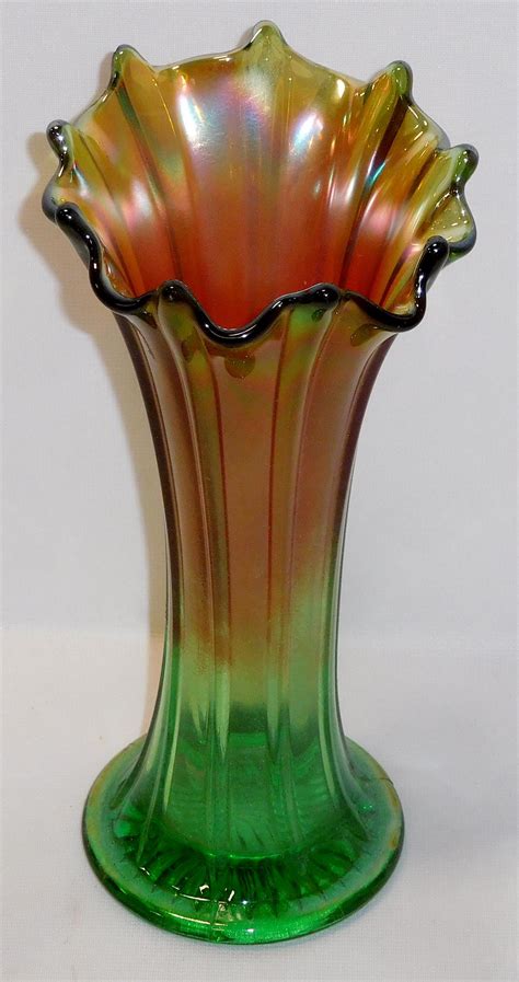 Lot Vintage Northwood Carnival Glass Marigold Green Thin Rib Floral Vase