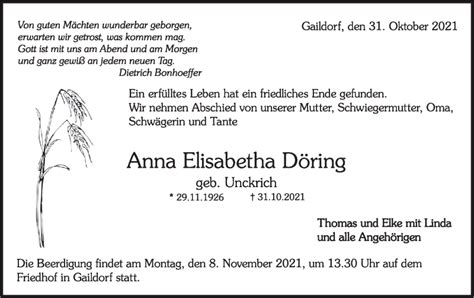 Traueranzeigen von Anna Elisabetha Döring Südwest Presse Trauer