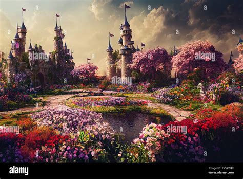 Fantasy Garden Castle With Many Flowers Roses And Clouds Illustration