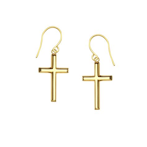 14k Yellow Gold Shiny Cross Drop Earrings