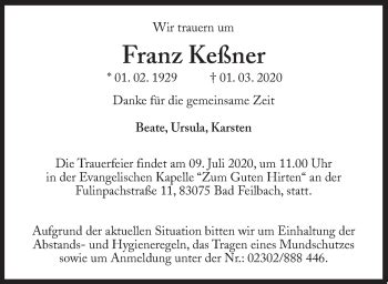 Traueranzeigen von Franz Keßner SZ Gedenken de