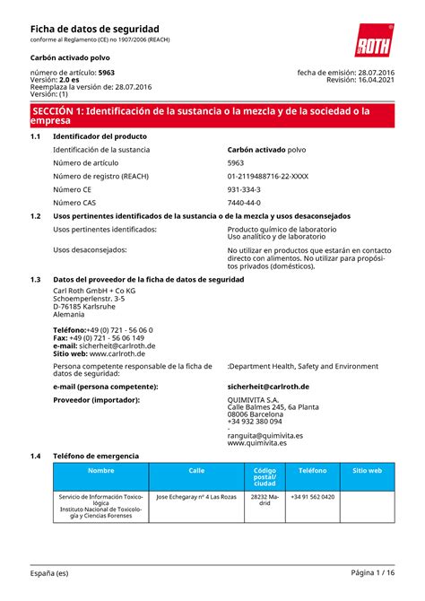 Ficha de Seguridad Carbón activado SECCIÓN 1 Identificación de la