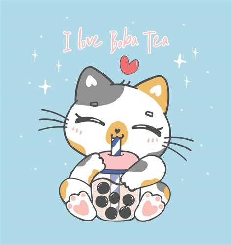 Cute Happy Kawaii Boba Tea Cat Kitten Drinking Bubble Tea Adorable