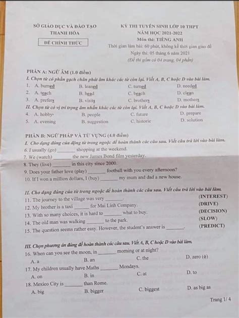 Đề thi đáp án môn tiếng Anh thi vào lớp 10 ở tỉnh Thanh Hóa