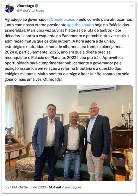 Bolsonaro se reúne Caiado e Major Vitor Hugo em Goiás