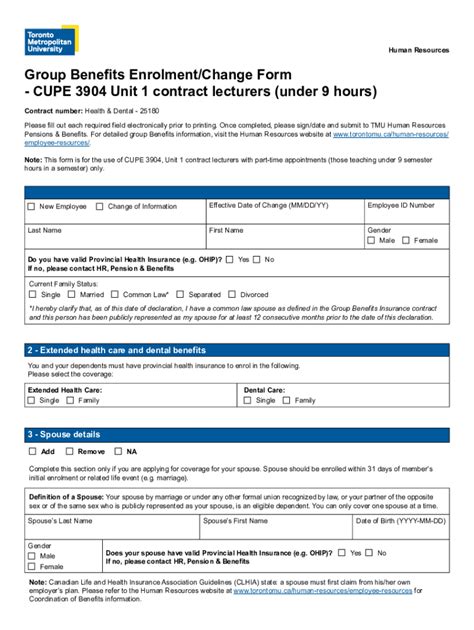 Fillable Online Group Benefits Enrolment Change Form CUPE 3904 Unit