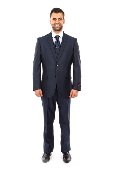 Mens Navy Sharkskin Modern Fit 3 Piece Suit Flex Suits