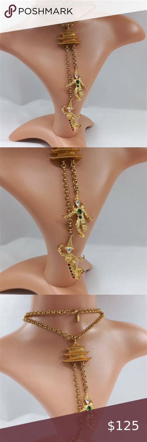 KJL Kenneth Jay Lane Golden THAI Dancers Pagoda Pendant Necklace