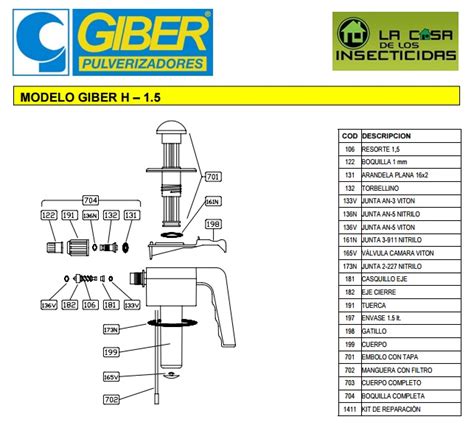 Giber repuestos Kit reparación Pulverizador H1 5