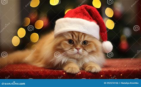 Cute Cat In Santa Claus Hat Against Blurred Christmas Lights Stock