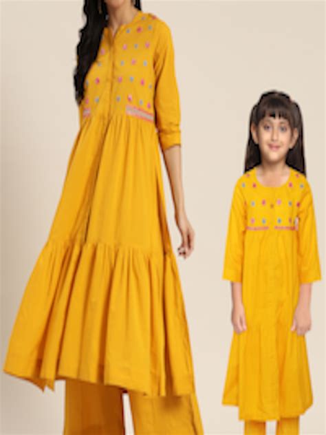 Buy Sangria Girls Mustard Yellow Pure Cotton Embroidered Yoke Design Kurta With Trousers Kurta