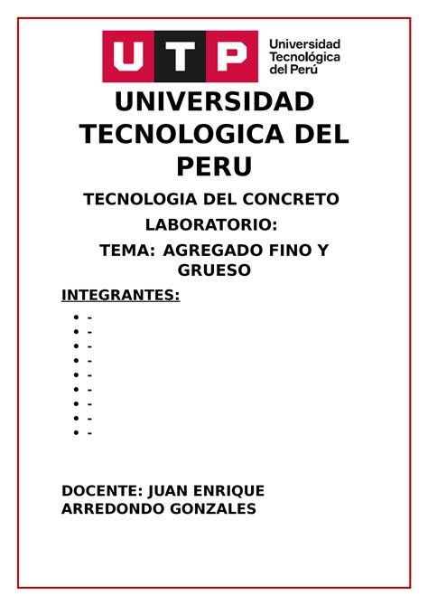 Laboratorio 1 Tecnologia Del Concreto UNIVERSIDAD TECNOLOGICA DEL