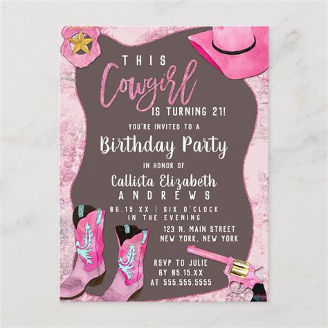 Country Pink Glitter Cowgirl Watercolor Birthday Invitation Postcard Zazzle Fiestas De