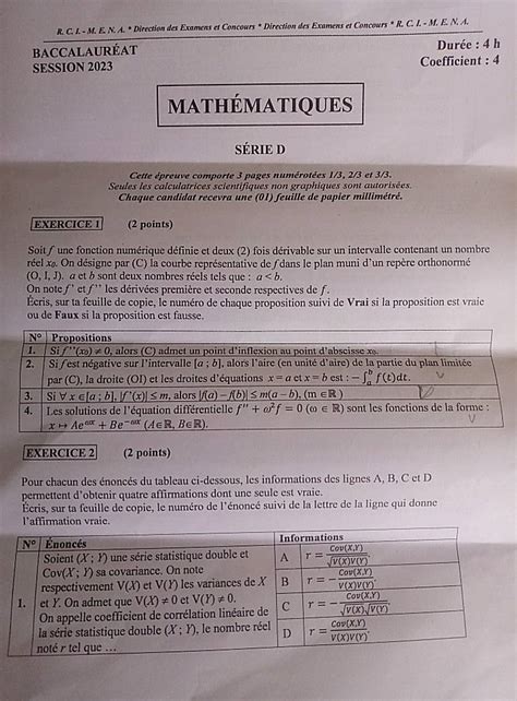 SUJET BAC 2023 MATHÉMATIQUES SERIE D COTE D IVOIRE