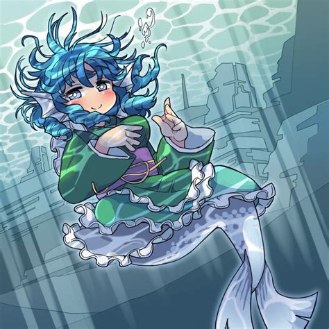 Safebooru 1girl Blue Eyes Blue Hair Blush Bubble Frilled Kimono Frills Full Body Head Fins Ini