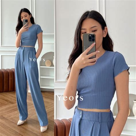 Jual One Set Rib Knit Sierra Set Crop Top Korean Polo Top And Hornet