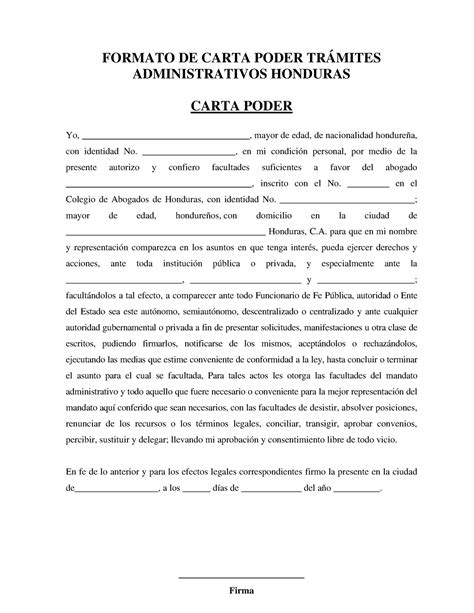 Formato De Carta Poder Tramites Administrativos Honduras FORMATO DE