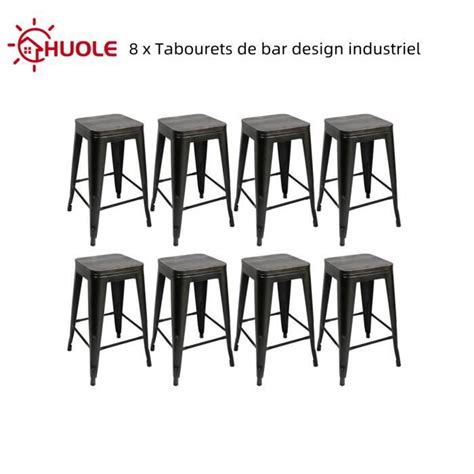 HUOLE 8 X Tabourets De Bar Design Industriel Tabouret Haut Noir Et