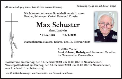 Traueranzeigen Von Max Schuster Augsburger Allgemeine Zeitung