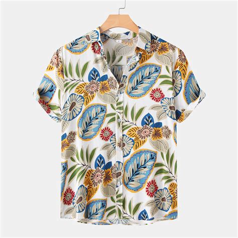 Mens Mixcolor Cartoon Leaf Print Short Sleeve Casual Holiday Shirts