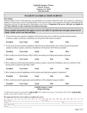 Fillable Online Patient Satisfaction Survey Capitola Surgery Center