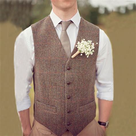 Country Brown Groom Vests For Wedding Wool Herringbone Tweed Custom