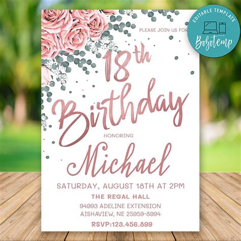 Editable Rose Gold 18th Birthday Invitation Instant Download Bobotemp