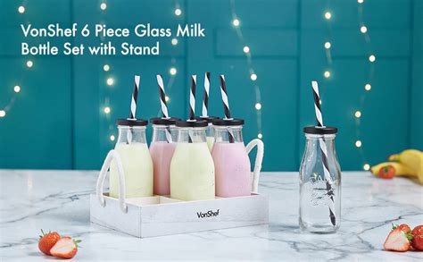 Vonshef Set Of 6 Glass Milk Bottles With Stand Vintage Style Bottles With Box Retro