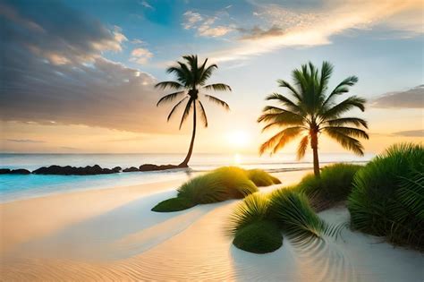 Palmeras En Una Playa Con Un Atardecer De Fondo Foto Premium