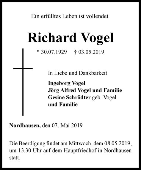 Traueranzeigen Von Richard Vogel Trauer In Thueringen De