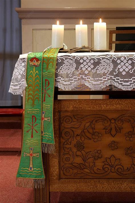 Three Burning Candles On Church Altar Give Lord Symbolic Photo