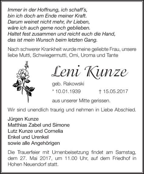 Traueranzeigen von Leni Kunze Märkische Onlinezeitung Trauerportal