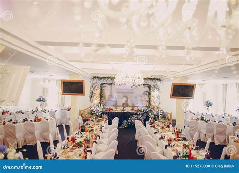 Wedding Restaurant with Decorations and Food Stock Photo - Image of ...