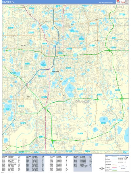 Orlando Florida Zip Code Wall Map (Basic Style) by MarketMAPS - MapSales