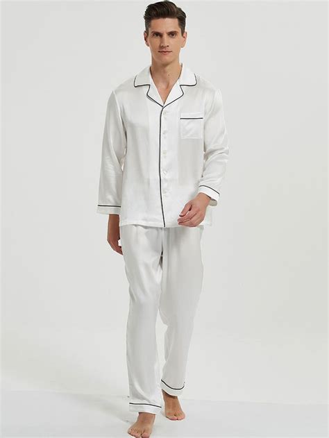 Momme Men Classic Long Silk Pajama Set With Trimming Fs