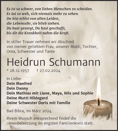 Traueranzeigen Von Heidrun Schumann Abschied Nehmen De