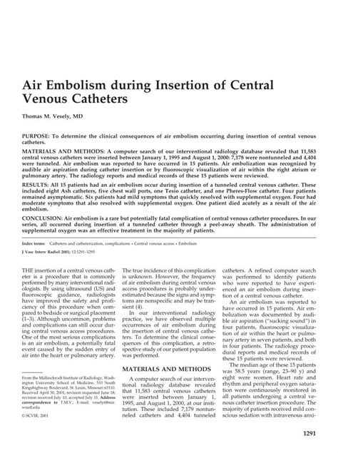 Pdf Air Embolism During Insertion Of Central Venous Catheters