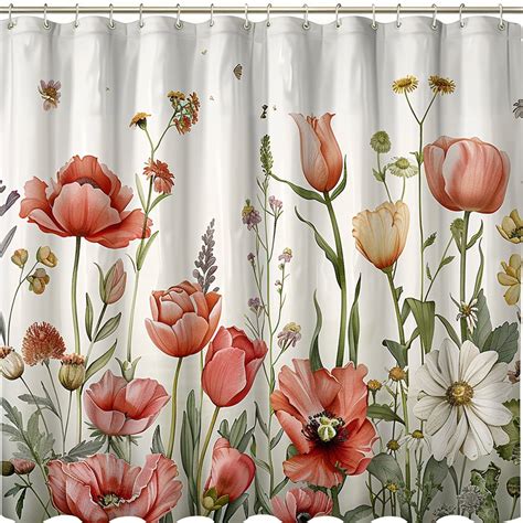 Watercolor Floral Shower Curtain Vintage Botanical Design With Tulips