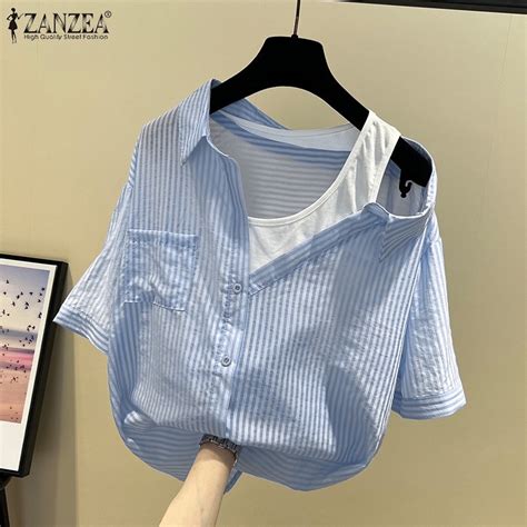 Zanzea Women Korean Daily Stripe Strapless Patchwork Short Sleeved