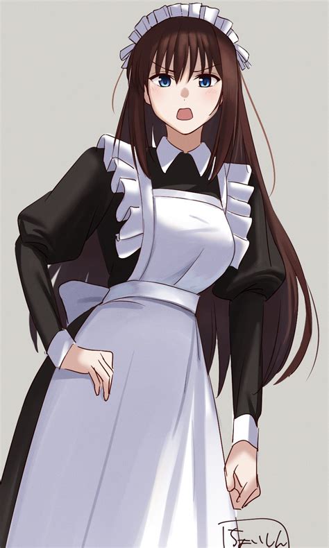 Safebooru 1girl Alternate Costume Aozaki Aoko Apron Black Dress Blue Eyes Blush Brown Hair